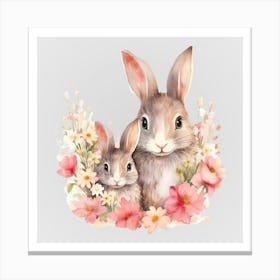 Watercolor Spring Mama And Baby Rabbits Canvas Print