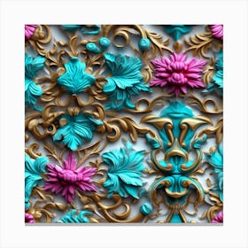 Gold And Blue Floral Pattern Canvas Print