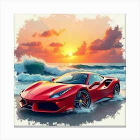 A Ferrari With A Watercolor Coastal Sunset And Crashing Waves 1 1 Canvas Print