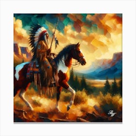 Oil Texture Native American Indian Riding On Prarie 3 Canvas Print