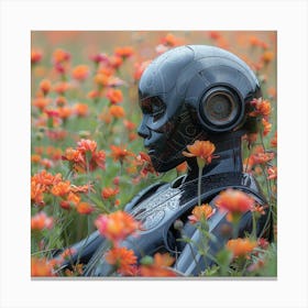 Robot In A Field Of Flowers Canvas Print