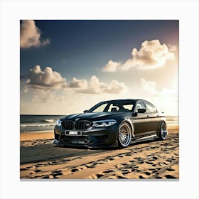 A Dramatic High Contrast Cinematic Photograph Of A Black BMW M5 At The Beach Front Canvas Print