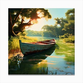 Old Wooden Boat Clear Pale Blue Water Trees And Bush Canvas Print