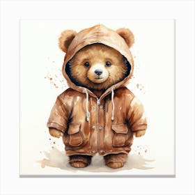 Watercolour Cartoon Brown Bear In A Hoodie Canvas Print