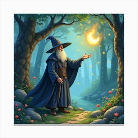 Sorcerer Controlling The Elements In An Enchanted Forest, Watercolor 1 Canvas Print