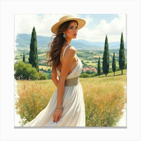 Elegant Italian Woman In Watercolor, With A Scenic Tuscan Landscape Behind Canvas Print