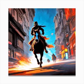 Man Riding A Horse In A City Canvas Print