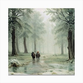 Two Children Walking In The Snow Canvas Print