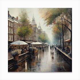 Amsterdam cafes, autumn season, rain, autumn oil colours.Faded colours,People passing on the street, winter clothes, rain umbrellas.2 Canvas Print