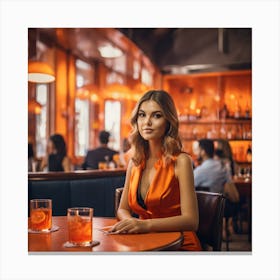 Beautiful Woman In Orange Dress In A Bar 3 Canvas Print