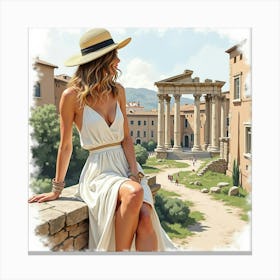 Stylish Italian Woman In Watercolor, Posing By An Ancient Roman Ruin Canvas Print