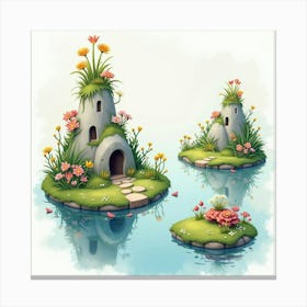 Floating Islands With Enchanted Flora, Watercolor 1 Canvas Print