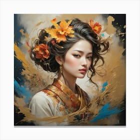 Chinese Girl With Flowers paintings art print 1 Canvas Print