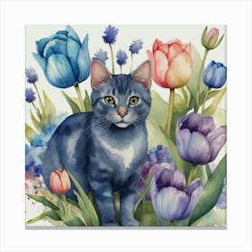 Blue Cat With Tulips Canvas Print