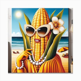 A Colorful and Realistic Painting of a Corn with Pearl Earrings and Sunglasses, Standing on a Sunny Beach Canvas Print
