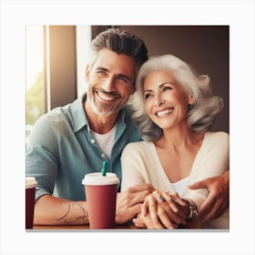 Happy Couple At Coffee Shop Canvas Print