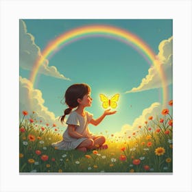 A Girl Sitting In A Meadow Of Flowers, Holding A Glowing Butterfly, With A Rainbow In The Background Canvas Print