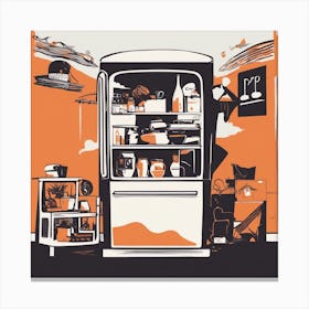 A Silhouette Of A Fridge Wearing A Black Hat And Laying On Her Back On A Orange Screen, In The Style (2) Canvas Print