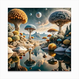 A fantasy landscape with colorful mushroom-like trees. Canvas Print