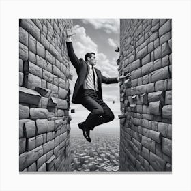 Businessman Jumping Over Brick Wall Canvas Print