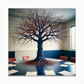 An Unusual Centerpiece Of A Leafless Tree With Red Branches Extending From A Central Trunk, Placed On A Round Table In A Conference Room Setting Canvas Print