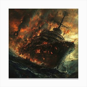 Battleship In Flames Canvas Print