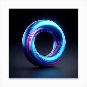A 3D rendering of a glowing blue and purple torus on a black background. The torus is made of a smooth, reflective material that seems to glow from within. It is lit by a bright light source that is positioned to the right of the torus. The torus is in focus, and the background is slightly blurred, which creates a sense of depth. Canvas Print