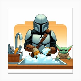 Mando Mandalorian Grogu Baby Yoda Washing Dishes Star Wars Art Print Canvas Print