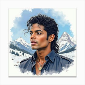 Watercolor Portrait Of Michael Jackson With A Snowy Mountain View 1 Canvas Print