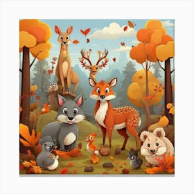 Cartoon Animals In The Forest Canvas Print