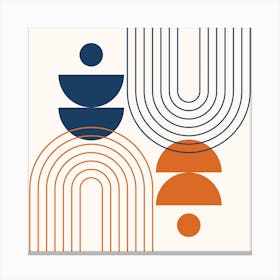 Modern Mid Century Sun, Moon Phases and Rainbow Abstract 24 in Navy Blue and Burnt Orange Canvas Print