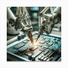 Two Robots Working On A Circuit Board Canvas Print