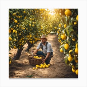 Farmer Picking Lemons In An Orchard Canvas Print