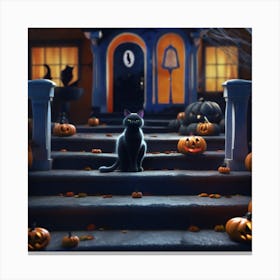 Black Cat In Front Of Halloween House Canvas Print