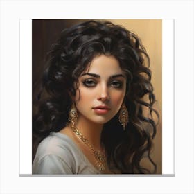 beautiful woman with long, dark hair, wearing a white shirt and gold jewelry. She has a serious expression on her face and is looking directly at the camera. Canvas Print