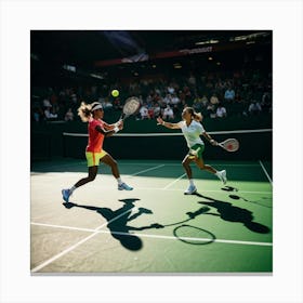 Tennis Match Captured In Mid Action Players Frozen Mid Swing With Rackets Poised To Strike Sunligh (1) Canvas Print