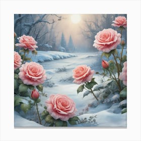 Pink Roses In The Snow Canvas Print