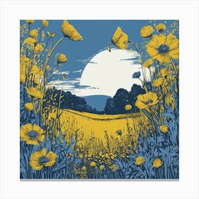 Linocut Flower Meadow Mustard Blue 2 Canvas Print