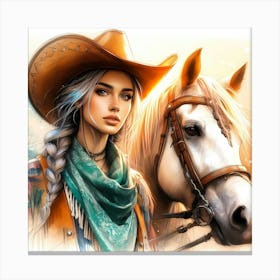 Cowgirl Beauty With Hat And Scarf By A Horse Color Drawing 1 Canvas Print