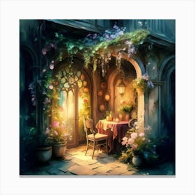 Quiet and attractive dining nook, overgrown flowers, high quality, detailed, highly 3D, elegant carved cart, 20 Canvas Print