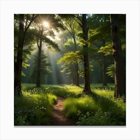 A Serene Landscape With Lush Green Trees Swaying Gently In The Breeze, A Vibrant Forest Floor Covered With Wildflowers 2 Canvas Print