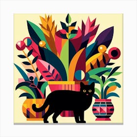 Black Cat With Flowers Canvas Print