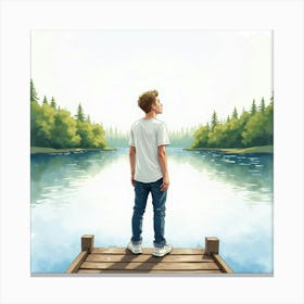 Watercolor Of Justin Bieber Standing On A Dock, Looking Out Over A Lake Canvas Print