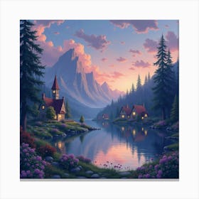 Watercolor Twilight Over A Fairy Tale Village 1 Canvas Print