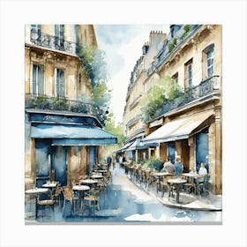 Paris Street Cafe Scene Illustration Sage Blue Watercolour 3 Art Print 2 Canvas Print