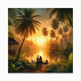 Couple Sitting On The Dock At Sunset Canvas Print