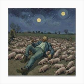 Pigs In The Moonlight Grounded in Mayhem: Whiskey, Cigars, and Pigs Canvas Print