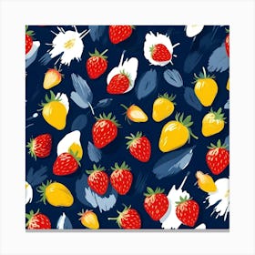 Seamless Pattern With Strawberries, Yellow Lemon Like Shapes, White Paint Splatters, And Blue Brushstrokes On A Dark Blue Background Canvas Print