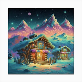 Mountain village snow wooden huts 16 Canvas Print