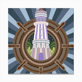 Lighthouse In The Ship'S Wheel Canvas Print